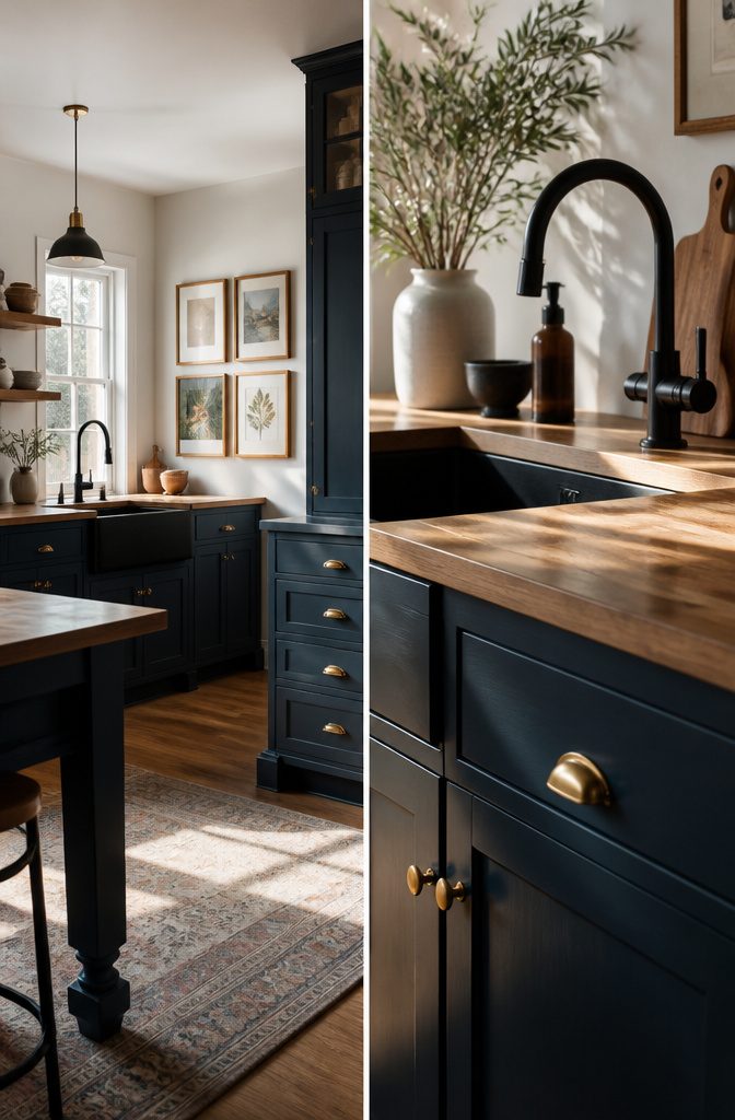Navy blue cabinets featuring gold and black hardware.