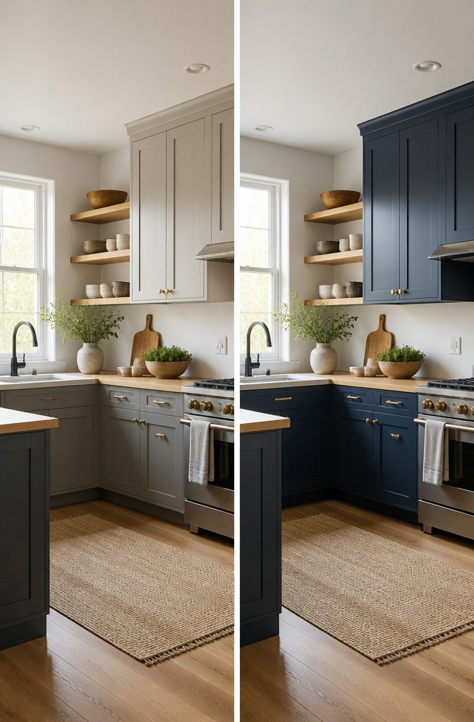 Hale Navy and Naval paint samples displayed on kitchen cabinetry.