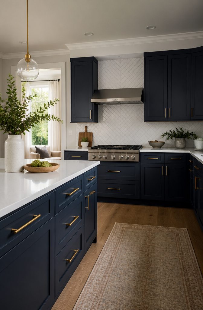 Matte navy blue kitchen cabinets with shiny white countertops.