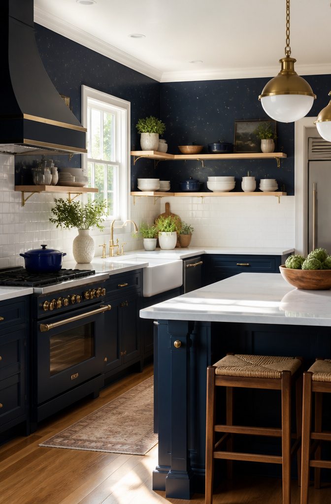 Kitchen featuring navy wallpaper and white cabinetry.