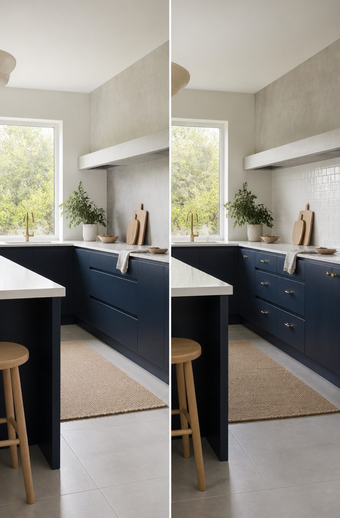 Kitchen showcasing navy blue cabinets in various design styles.