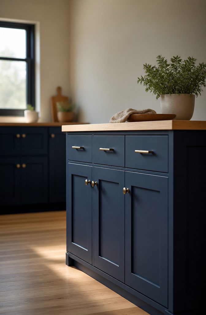 Flat-pack navy blue kitchen cabinets ready for assembly.