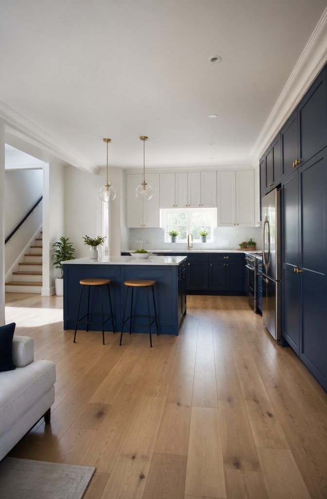 Small kitchen featuring navy blue lower cabinets and light upper cabinets.