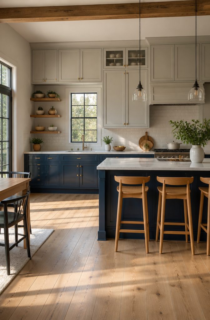 Two-tone kitchen with navy lower cabinets and white upper cabinets.