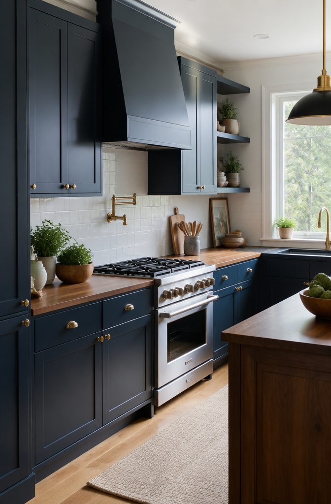 Van Deusen Blue cabinets paired with wooden countertops and accents.