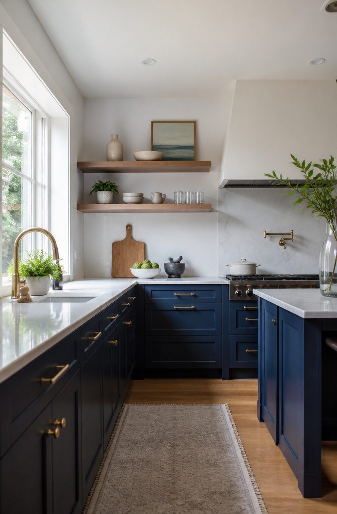 Navy blue lower cabinets with white countertops and light gray walls.