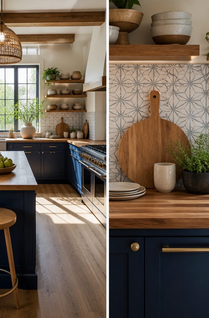Navy blue cabinets with butcher block countertops and wood shelves.