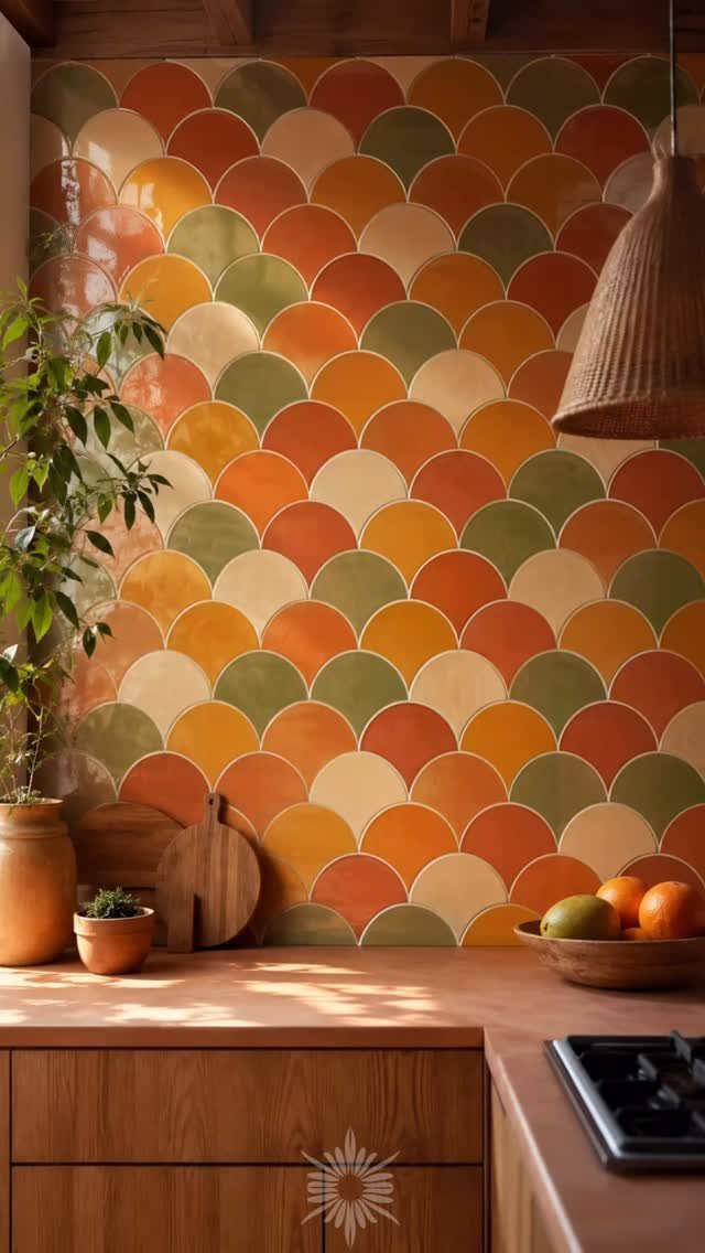 Colorful scale-shaped ceramic tile backsplash in a kitchen with wooden countertops.