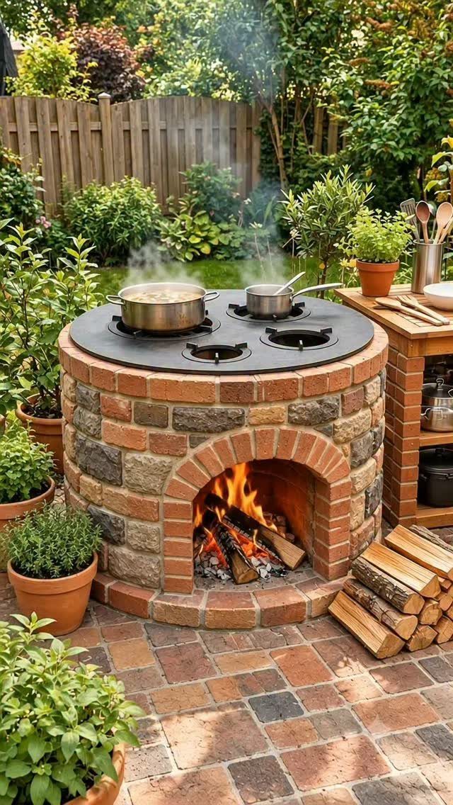 Circular brick outdoor oven with pots simmering on a black metal cooktop