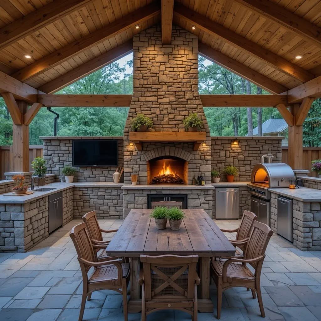 Covered outdoor kitchen with stone fireplace, pizza oven, and wooden dining set.