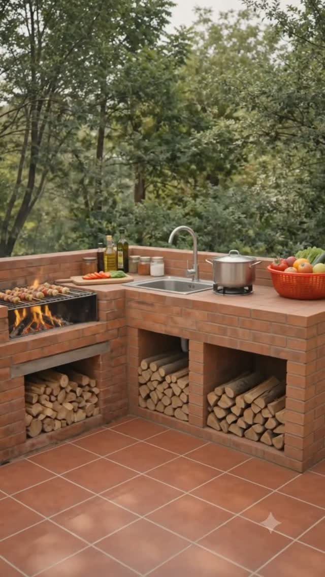 L-shaped brick outdoor kitchen with built-in grill, sink, and wood storage under counters.