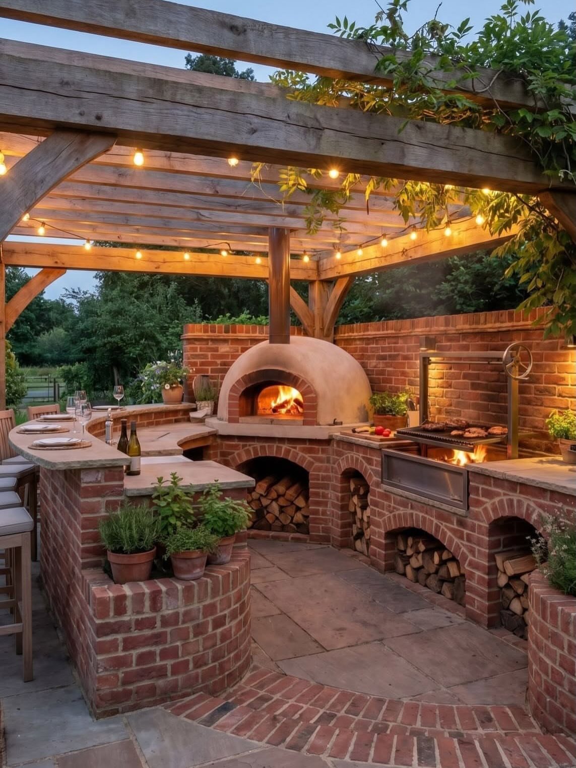 Rustic red brick outdoor kitchen with pizza oven and grill under a wooden pergola