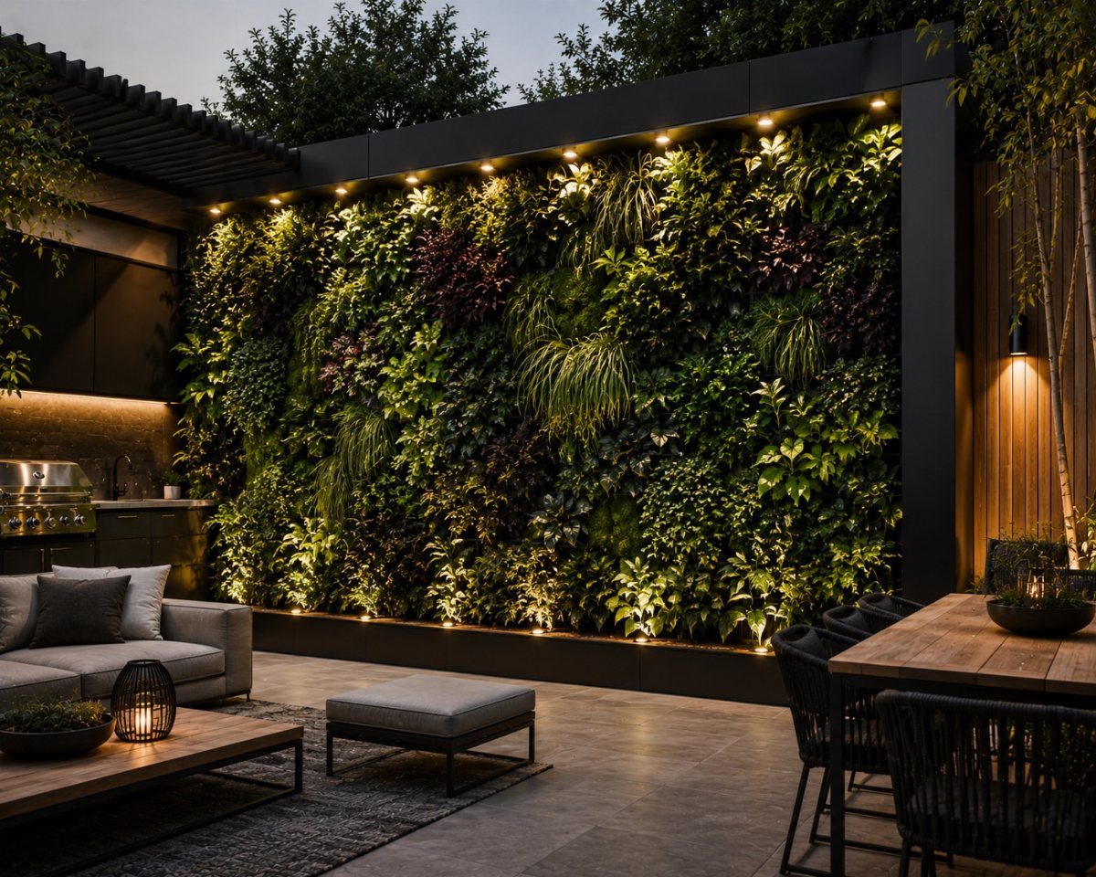 Vertical garden wall with integrated lighting on a modern outdoor patio with furniture.
