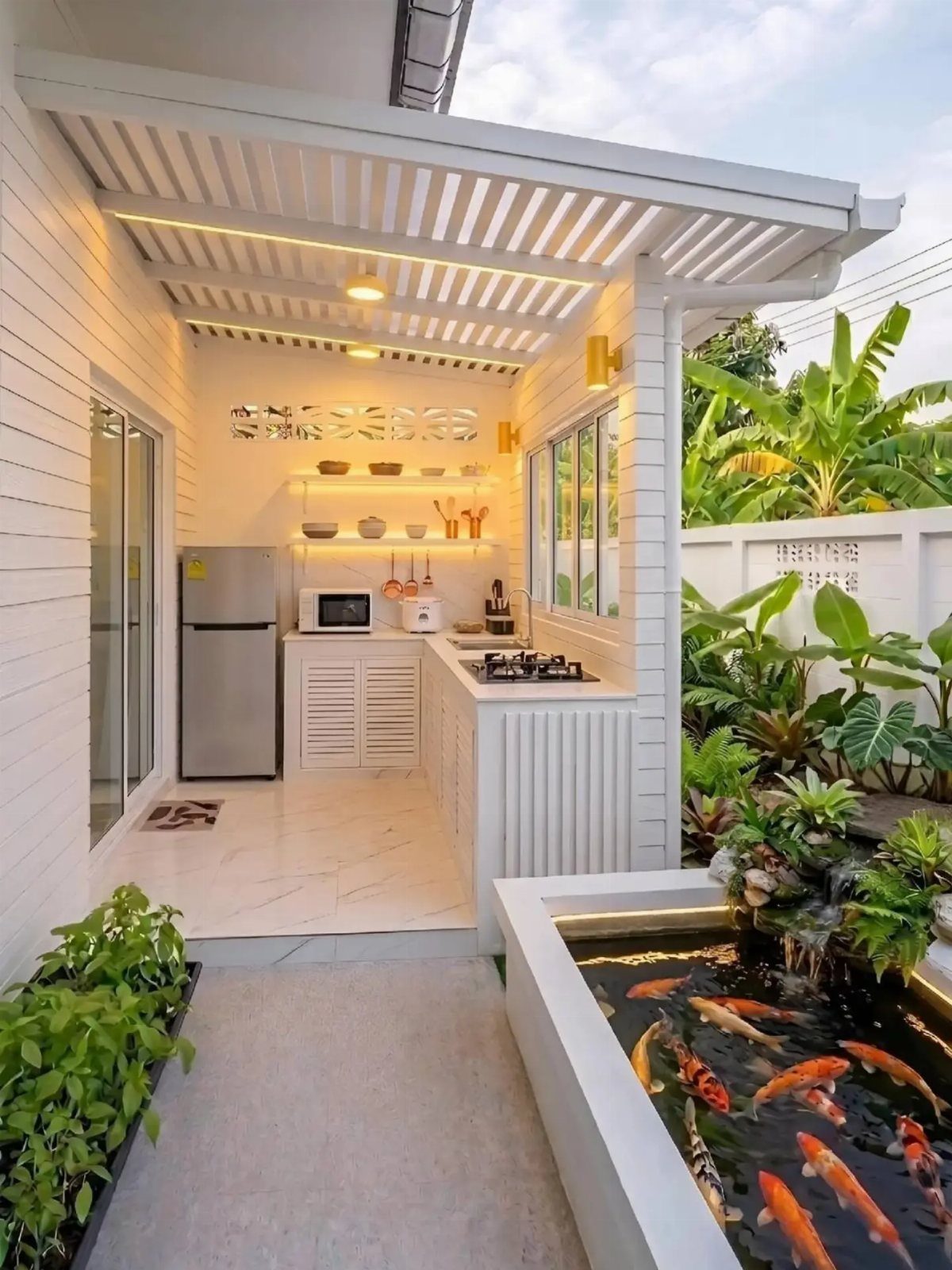 White outdoor kitchen with built-in appliances next to a koi pond and greenery