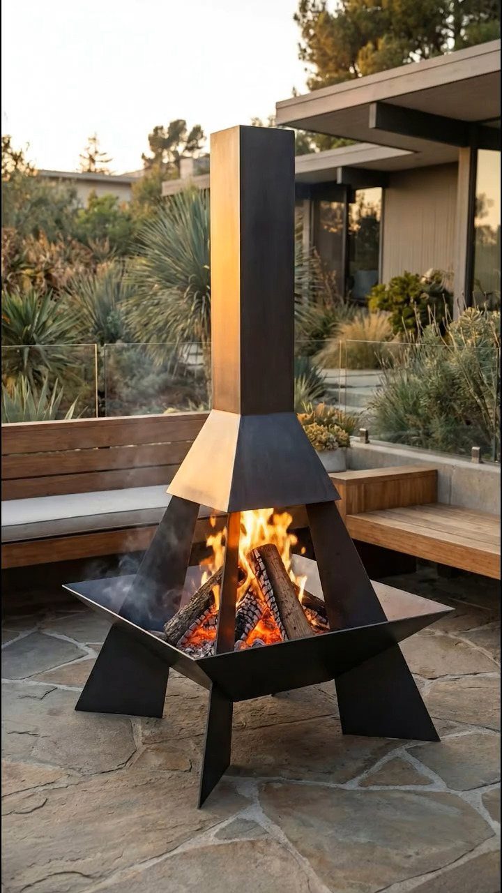 Modern black metal geometric fire pit with burning logs on a stone patio