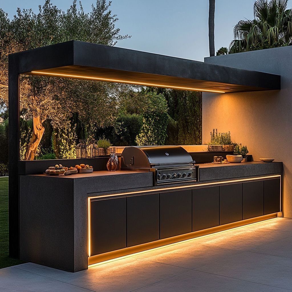 Modern black outdoor kitchen with built-in grill and warm integrated LED lighting.