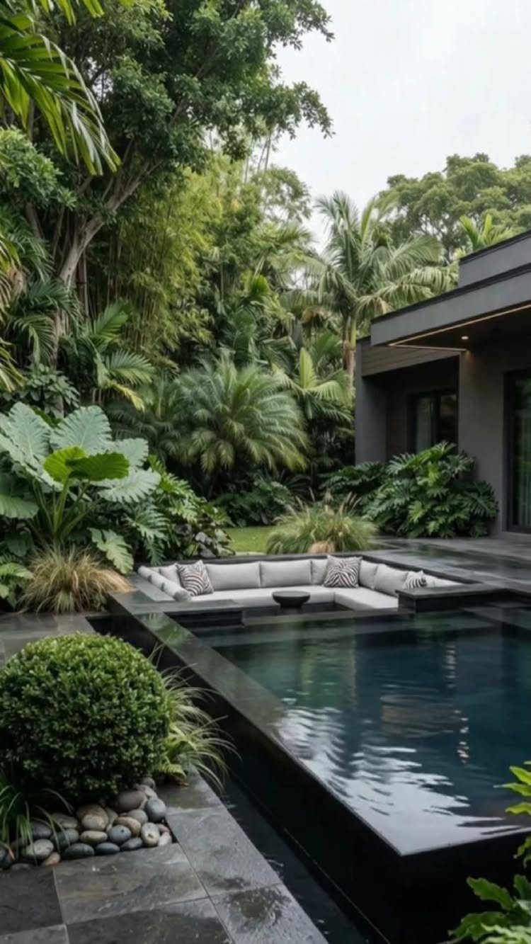 Modern dark pool and sunken lounge surrounded by lush tropical garden and architecture