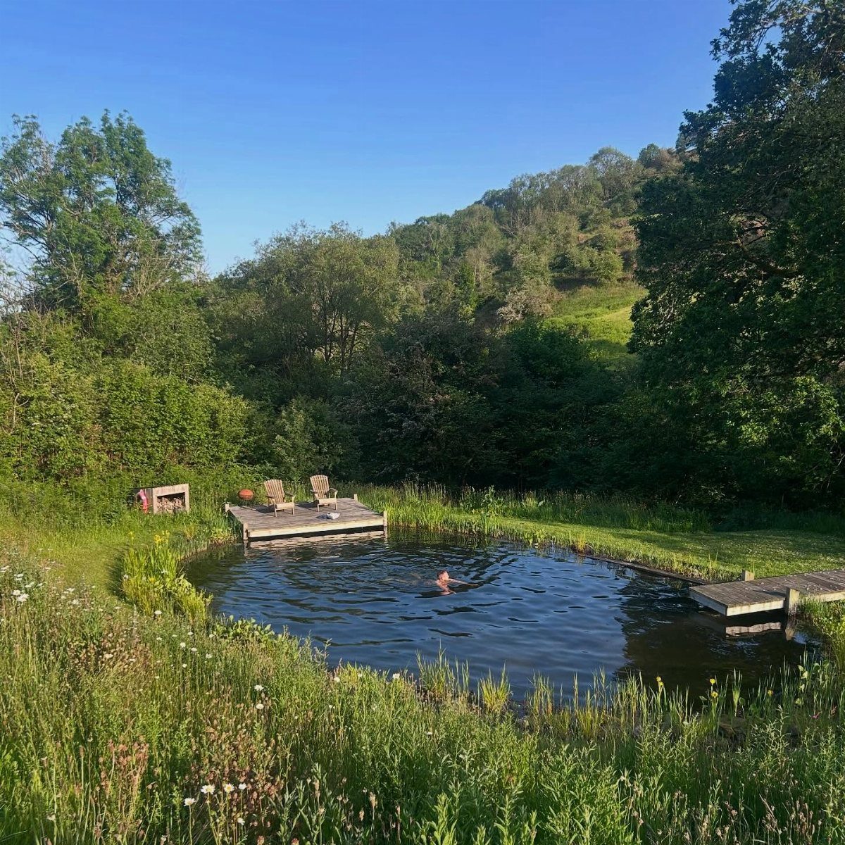 Natural swimming pond with wooden decks surrounded by green grass and forested hills.