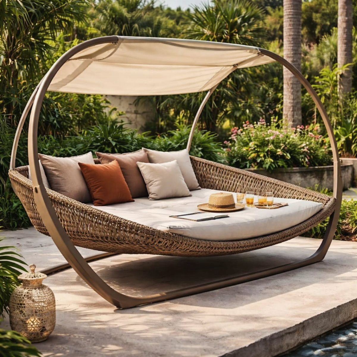 Woven wicker daybed with a canopy and cushions on a tropical stone patio.