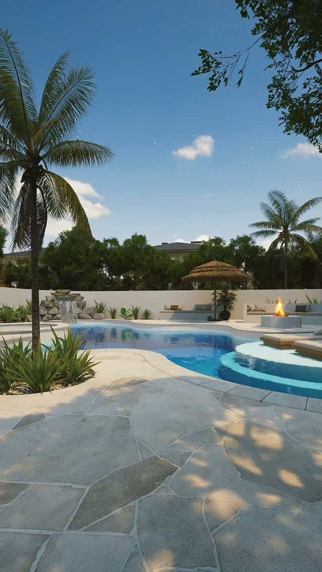 Modern outdoor pool area featuring a square fire pit with active flames and palm trees.