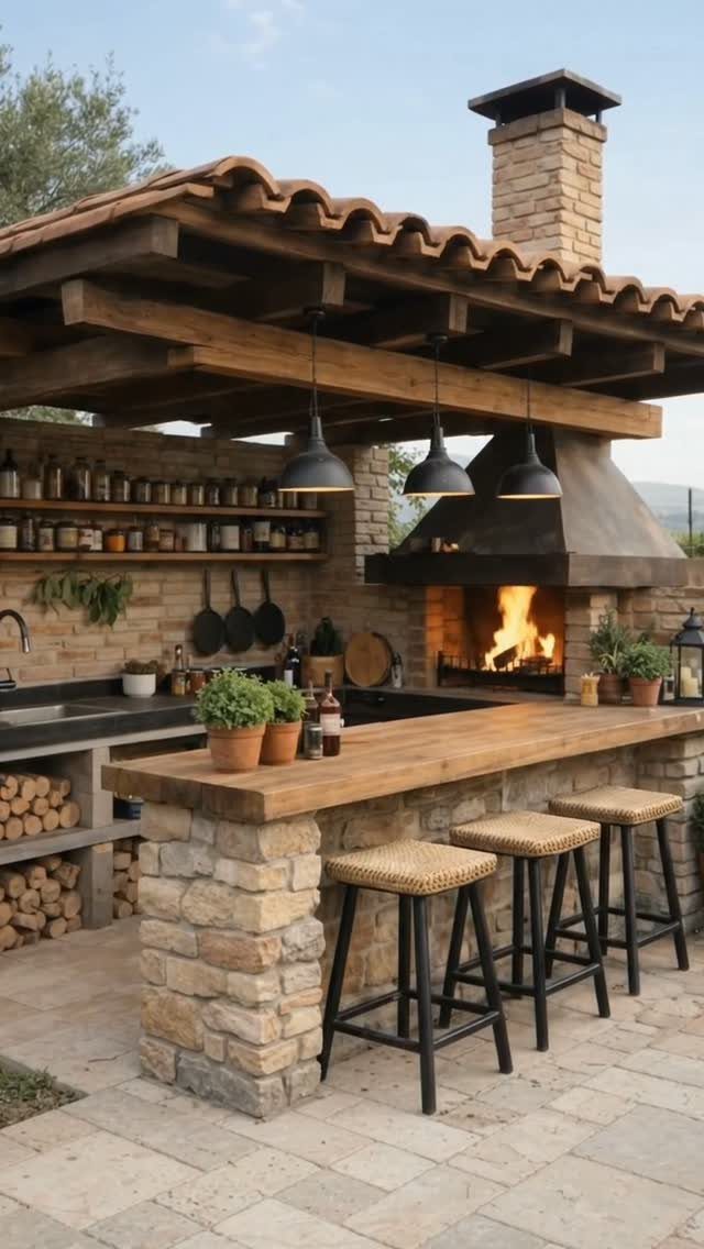 Outdoor kitchen with stone bar, wooden countertop, and a brick fireplace with fire.