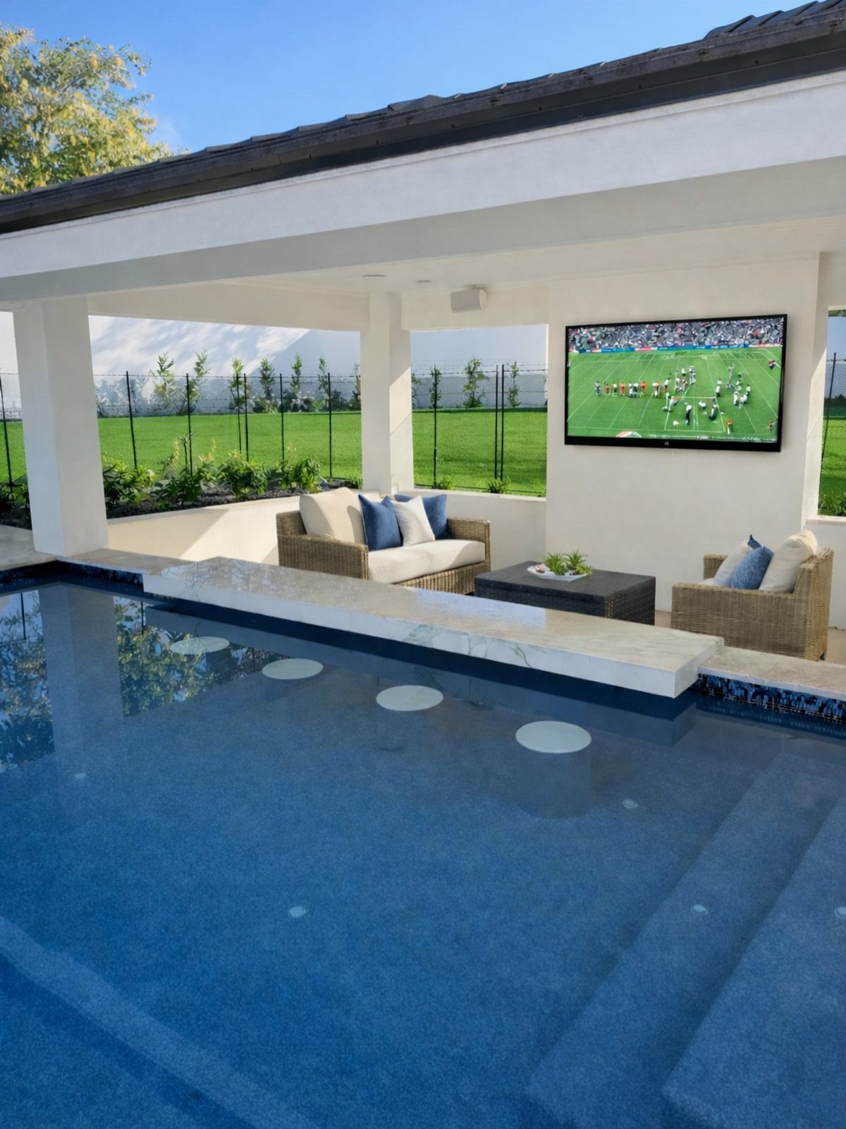 Blue swimming pool with a swim-up bar facing a covered outdoor lounge area.