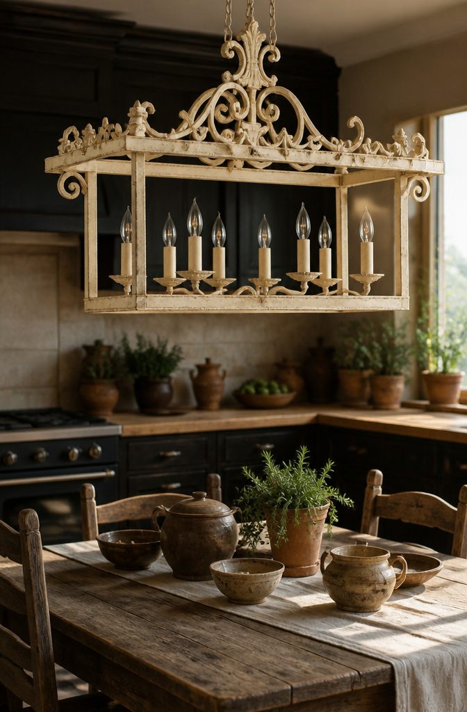 Antique ivory frame light fixture in a rustic kitchen.