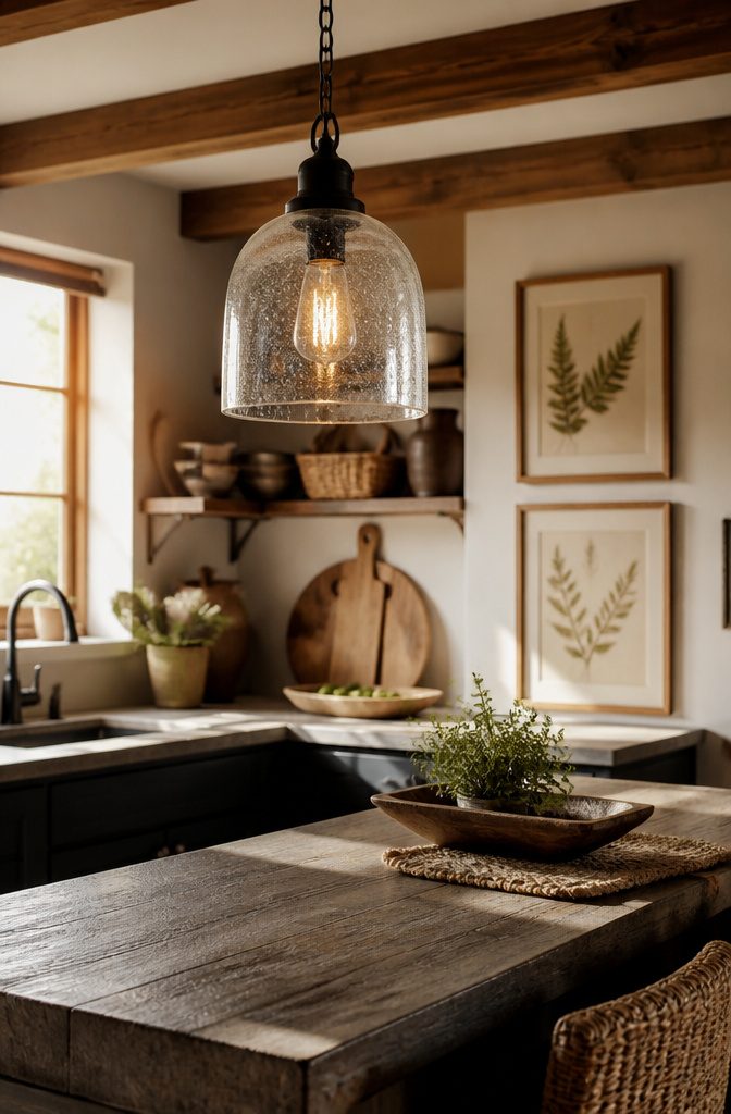 Pendant light with a seeded glass shade in a rustic kitchen.