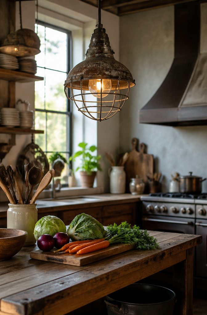 Distressed metal cage light fixture in a rustic kitchen.