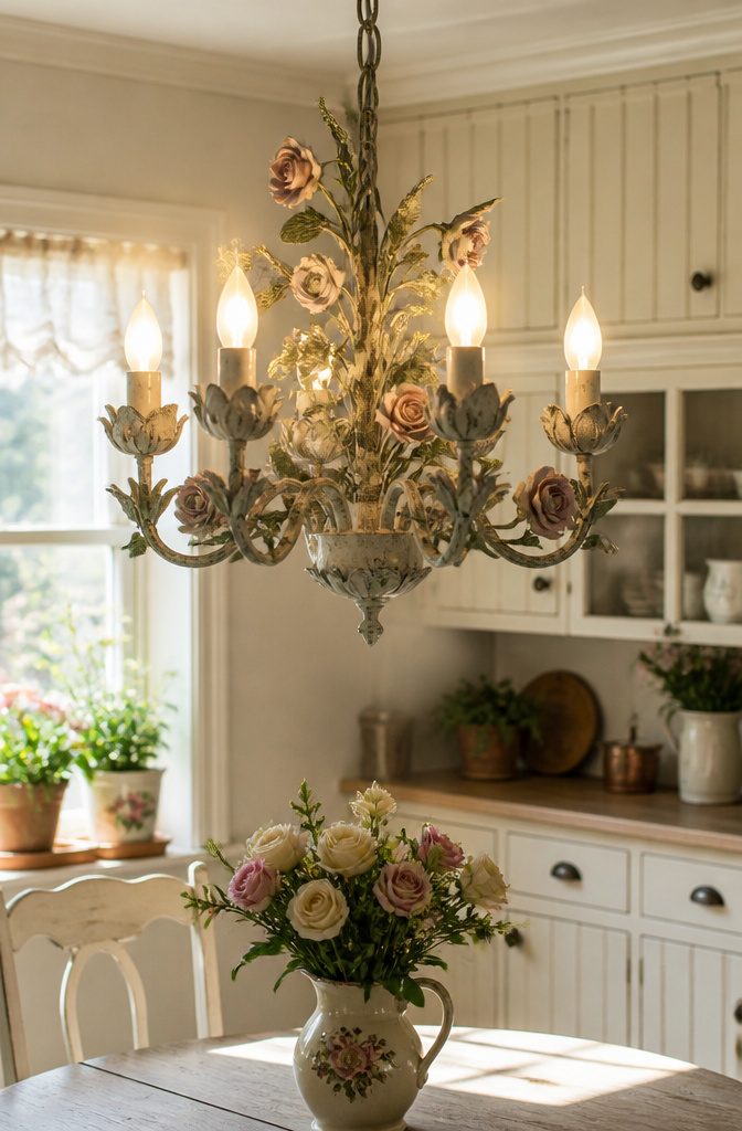 Floral tole chandelier with colorful botanical designs.