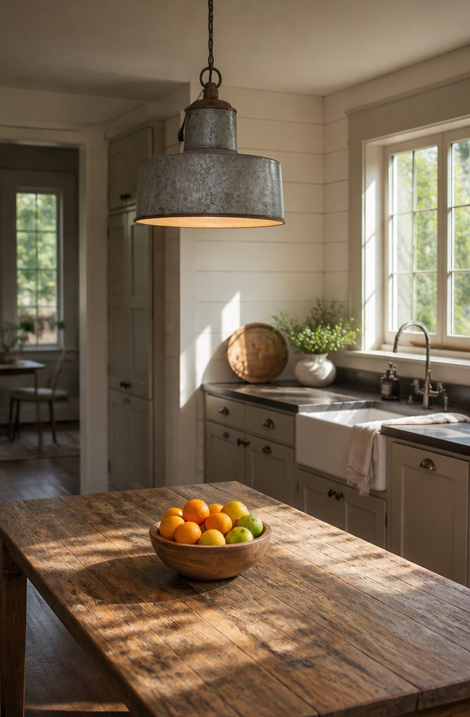 Galvanized round pendant light illuminating a kitchen with rustic decor.
