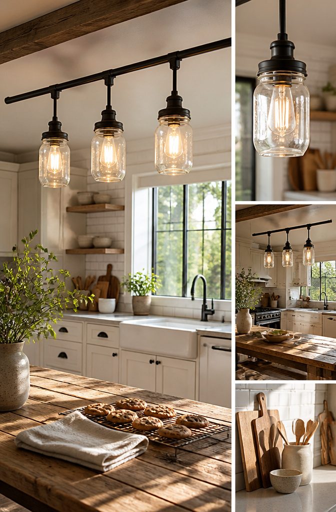 Mason jar track lighting installed in a rustic kitchen.