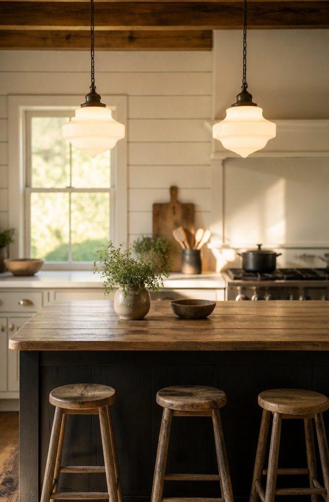 Milk glass schoolhouse pendant light hanging in a kitchen.