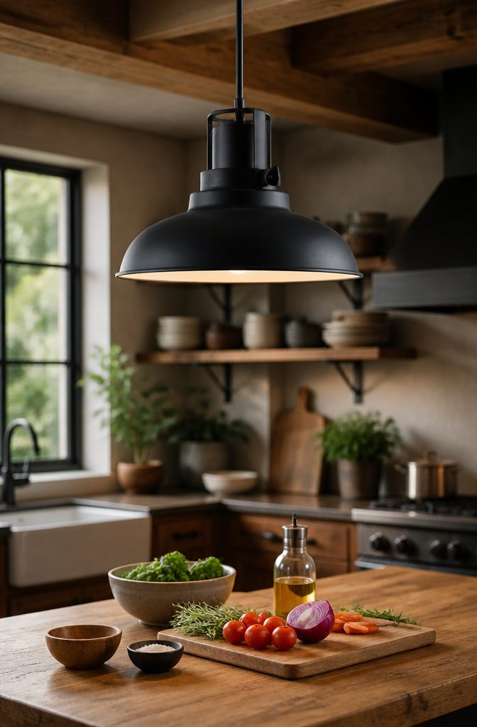 Modern industrial pendant light with a matte black finish.