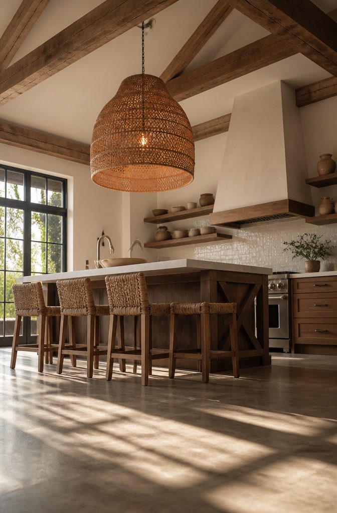 Large woven pendant light hanging in a spacious kitchen.