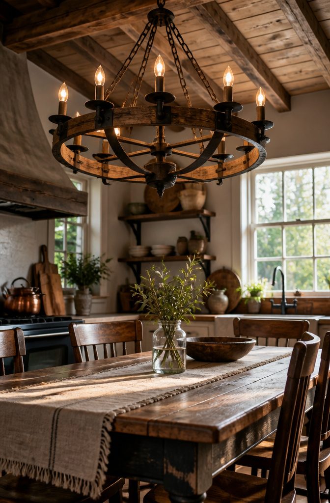 Rustic chandelier hanging over a kitchen island.