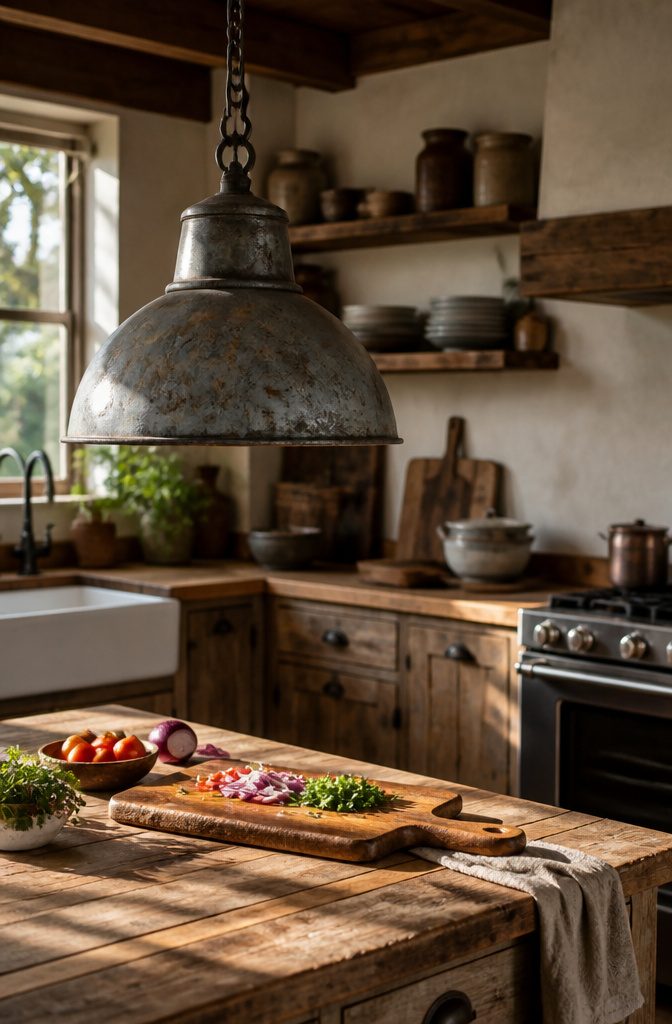 Distressed metal pendant light hanging in a sun-drenched kitchen.