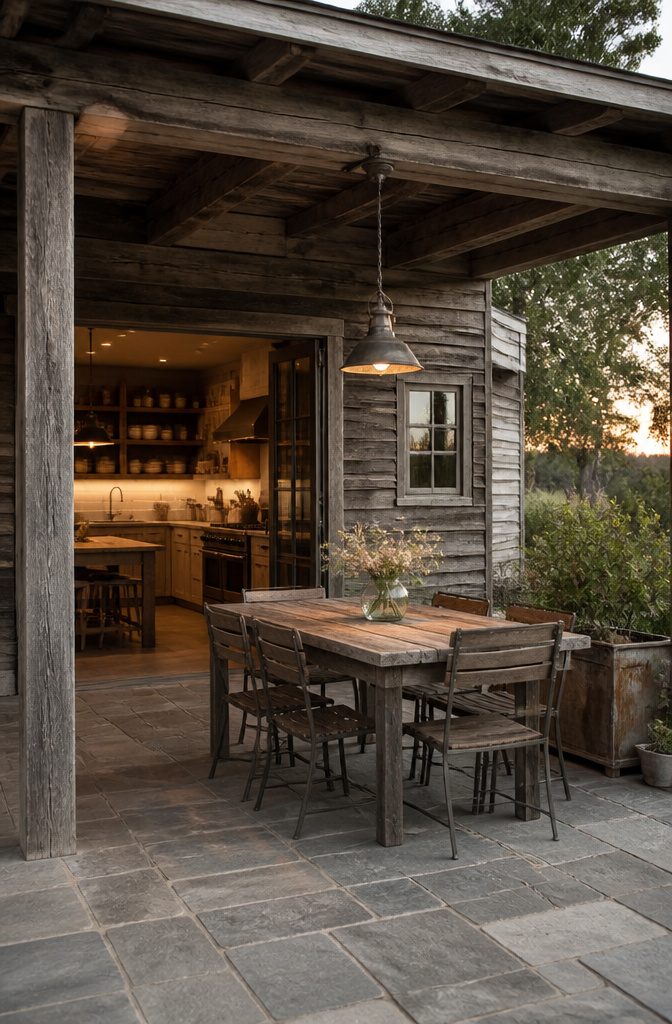 Outdoor pendant light fixture with a weathered finish.