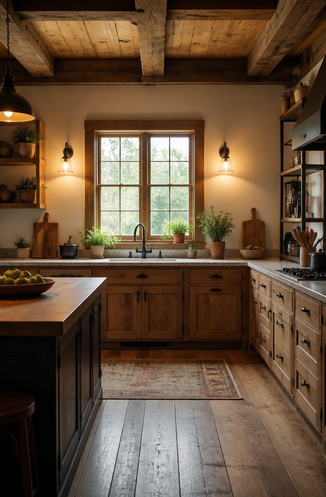 Rustic wall sconces flanking a window in a kitchen.