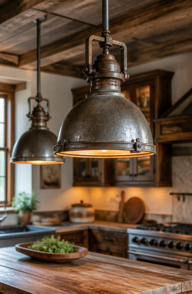 Two vintage industrial pendants hanging over a kitchen island.