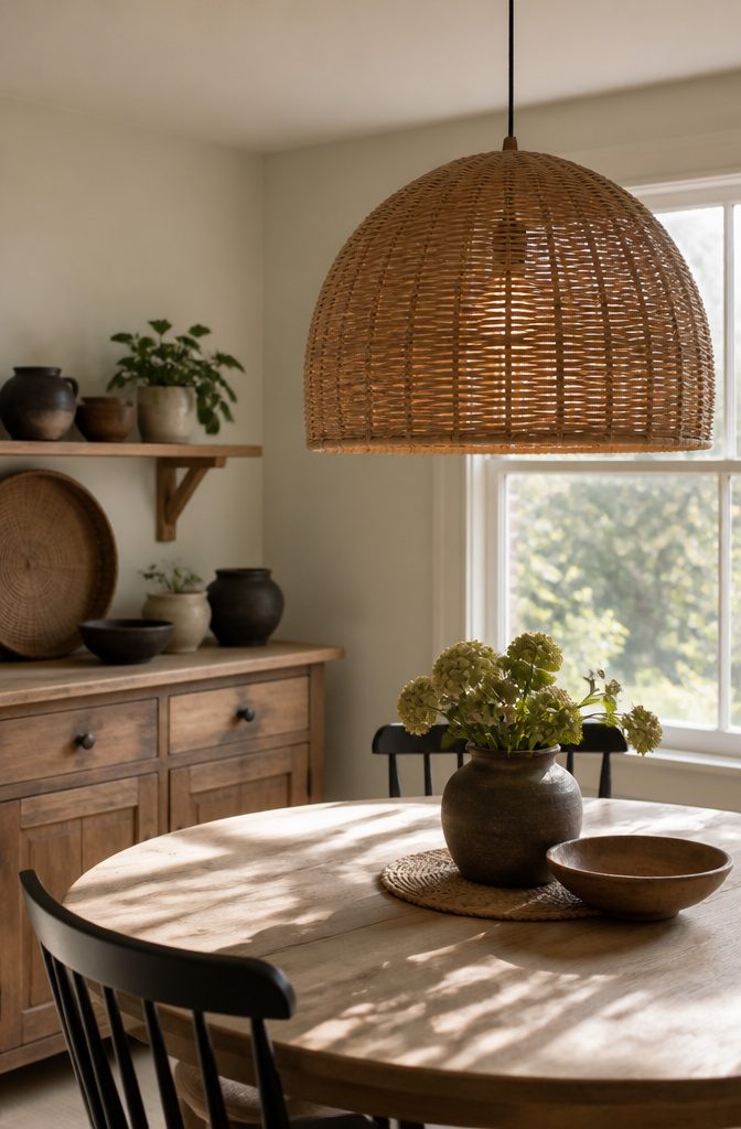 Wicker pendant light hanging above a light wood dining table.