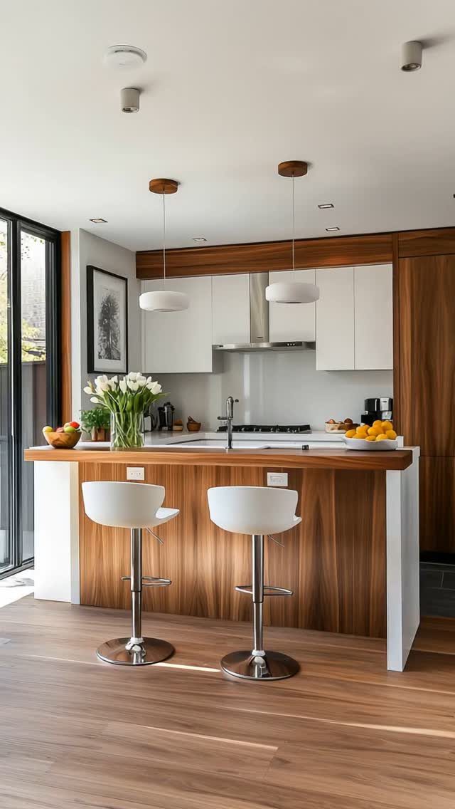 Modern kitchen with white cabinets, wooden peninsula, and two white bar stools.