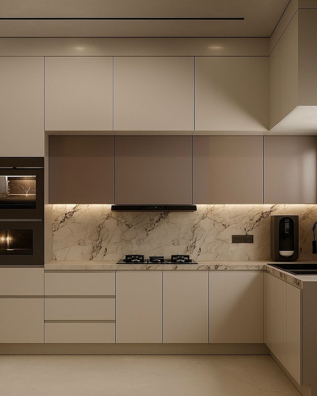 Light beige kitchen cabinets with a white marble backsplash and under-cabinet lighting.