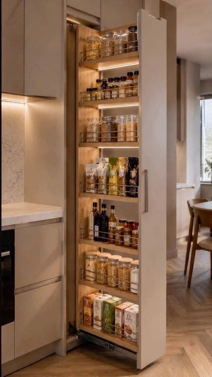 Slim pull-out pantry cabinet filled with jars and spices in a modern kitchen