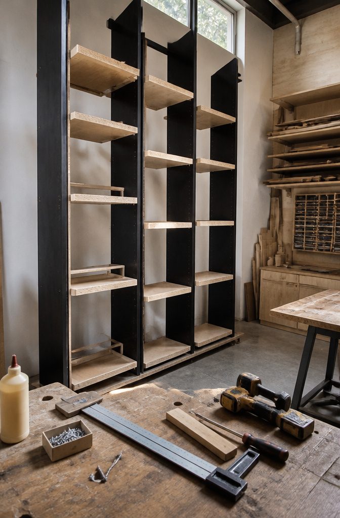 Robust assembly of vertical sliding shelves in a well-lit workshop.