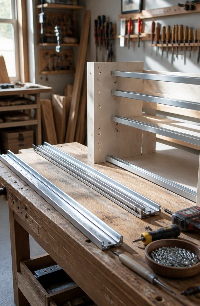 Aluminum tracks being attached to the shelf frame in a workshop.