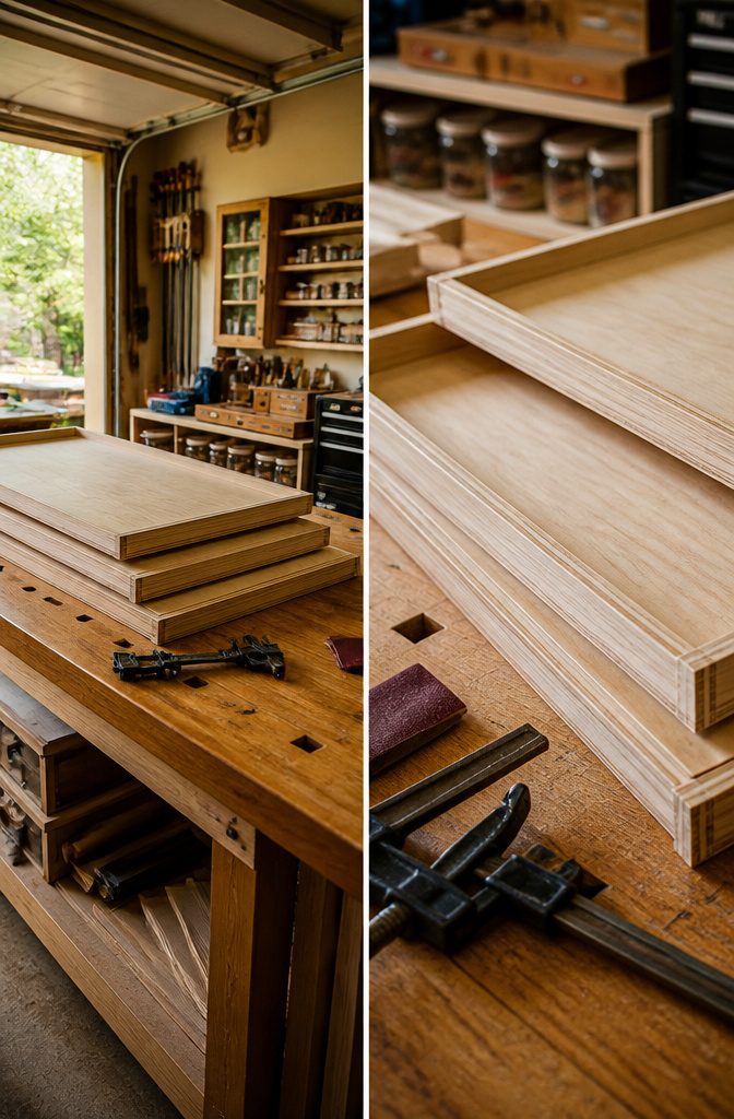 Cut pieces of plywood prepared for building rollout shelves.