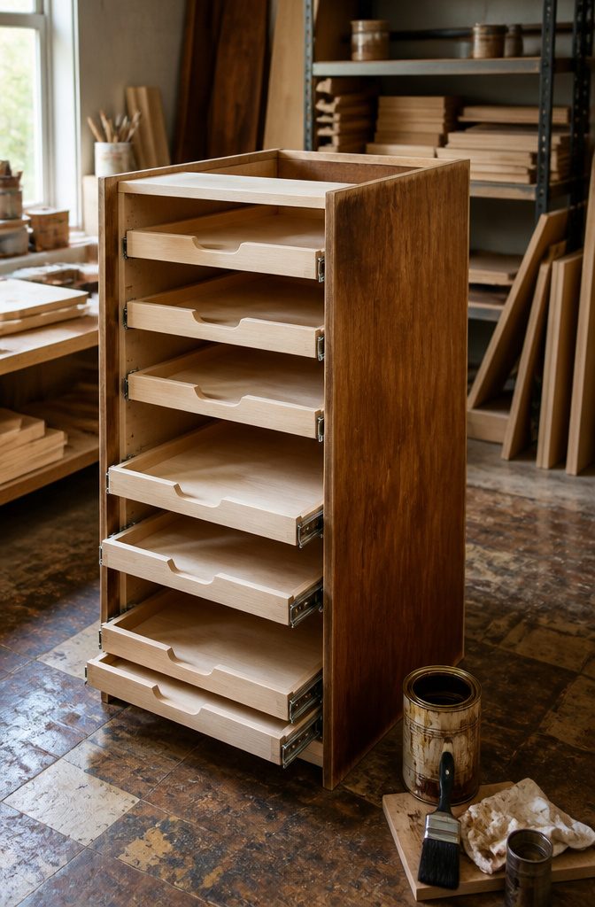 Cabot Early American stain applied to custom drawers in a workshop.