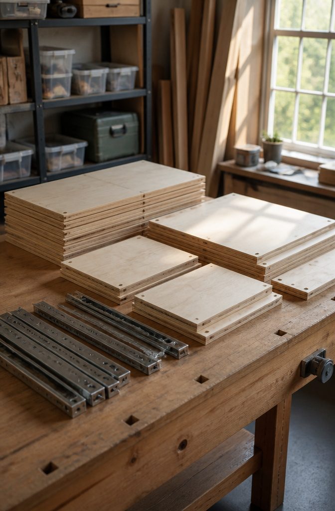 Neatly cut plywood pieces on a workbench for DIY rollout shelves.