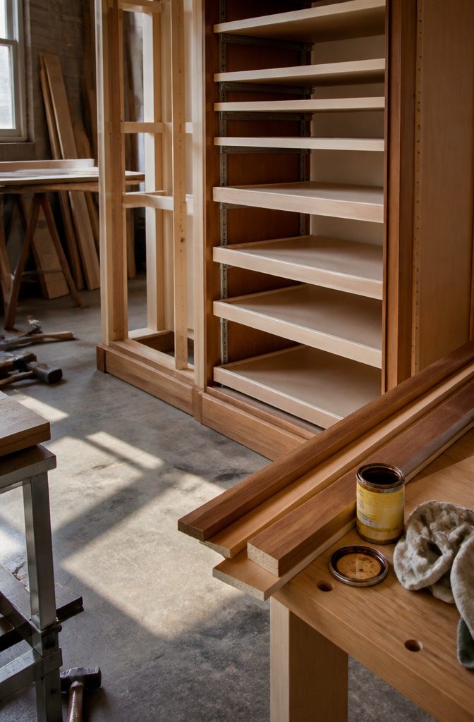 Trim boards ready to hide imperfections on a sliding shelf system.